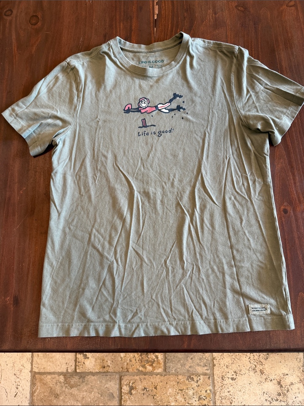 Life Is Good Olive Crewneck Tee with Playful Graphic